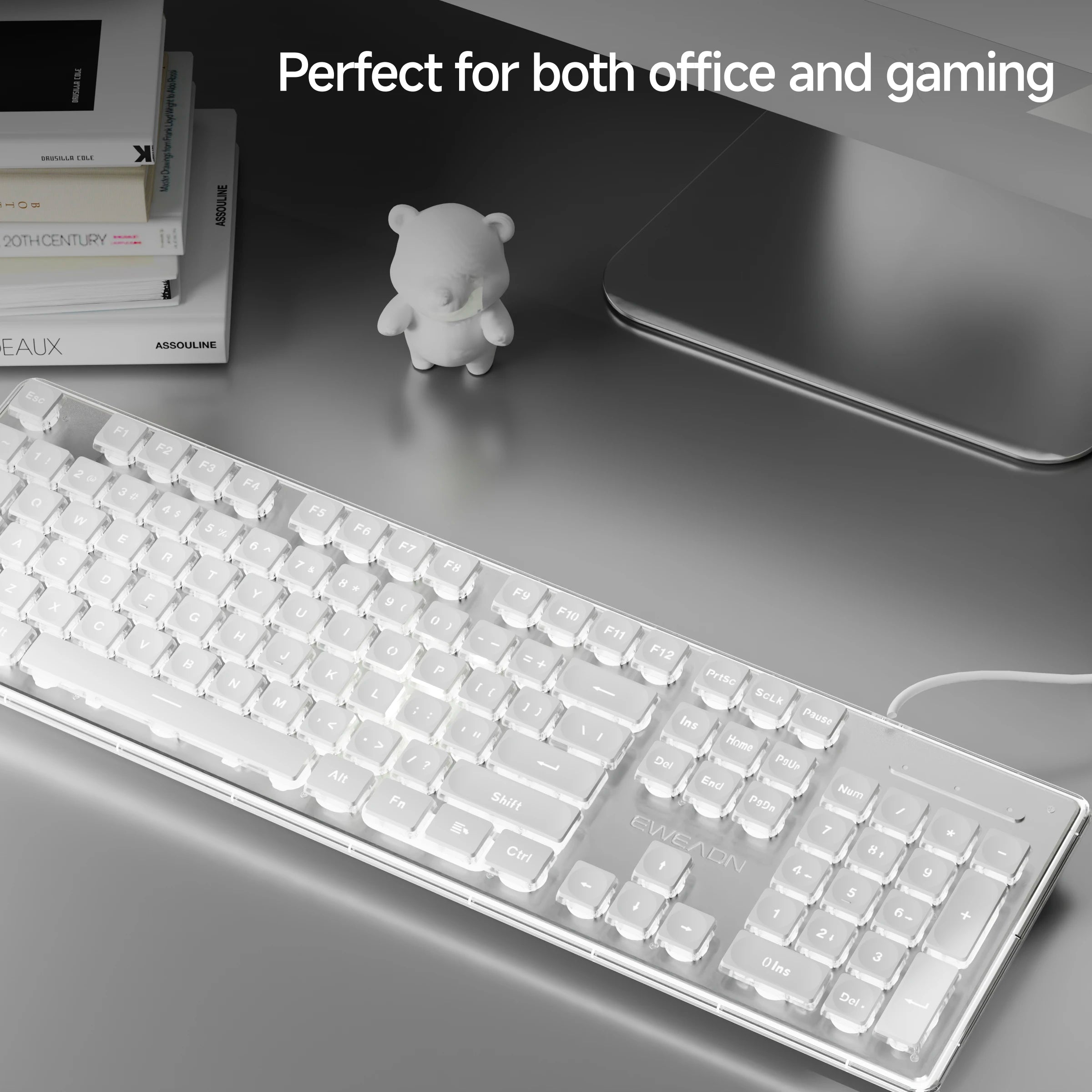 EWEADN wired Office silent Keyboard White backlit,USB full size 104-keycaps All-Metal Panel, ergonomic, gaming Windows/Laptop/PC