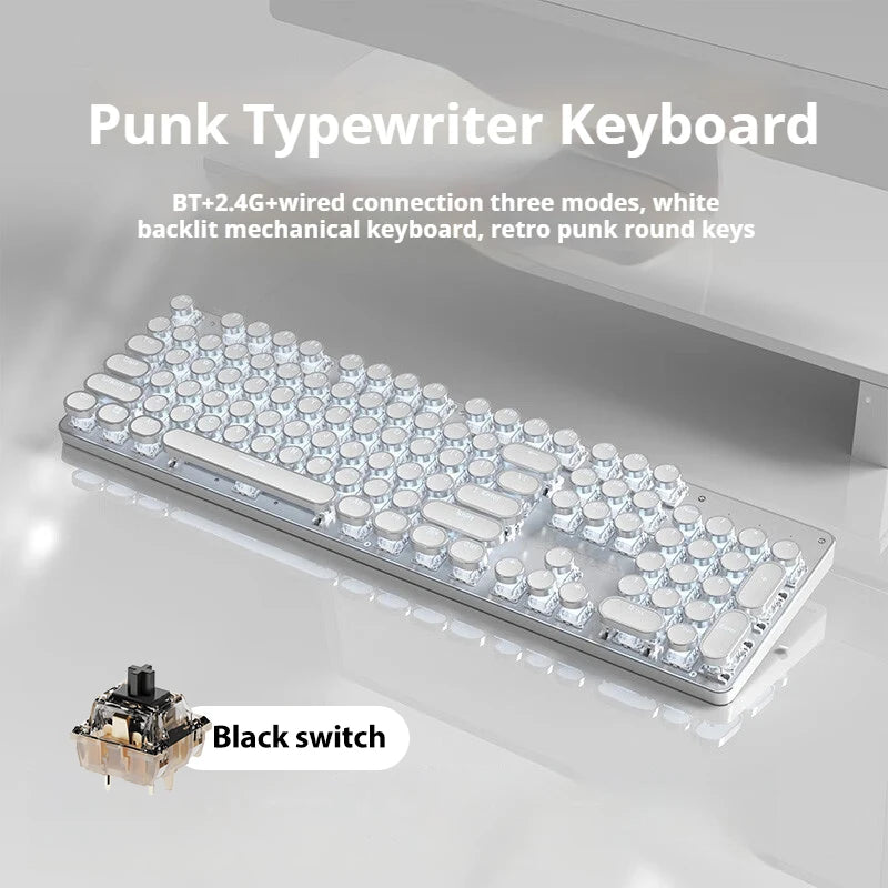 EWEADN Tri-Mode Retro Typewriter Mechanical Keyboard, 104 Keys, Metal Panel, Round Keycaps, White, Ergonomic for Office/Gaming