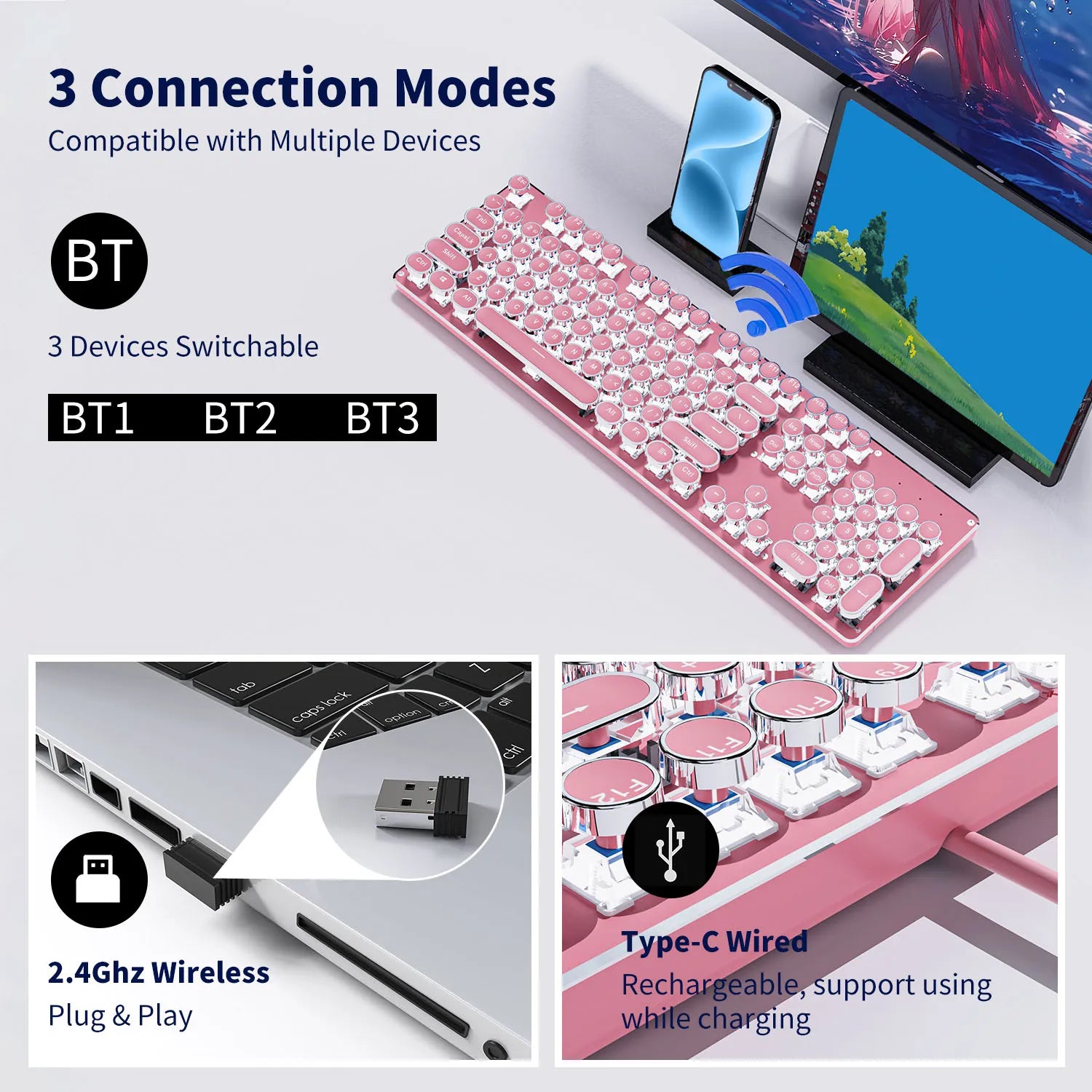 EWEADN TK950 Tri-Mode Ergonomic Gaming Keyboard, Blue Switch, Retro Typewriter Style, 104 Keys, for Windows/Mac Users