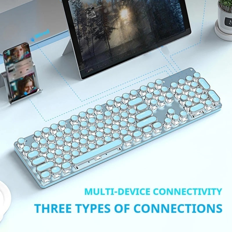 EWEADN TK950 Tri-Mode Ergonomic Gaming Keyboard, Blue Switch, Retro Typewriter Style, 104 Keys, for Windows/Mac Users