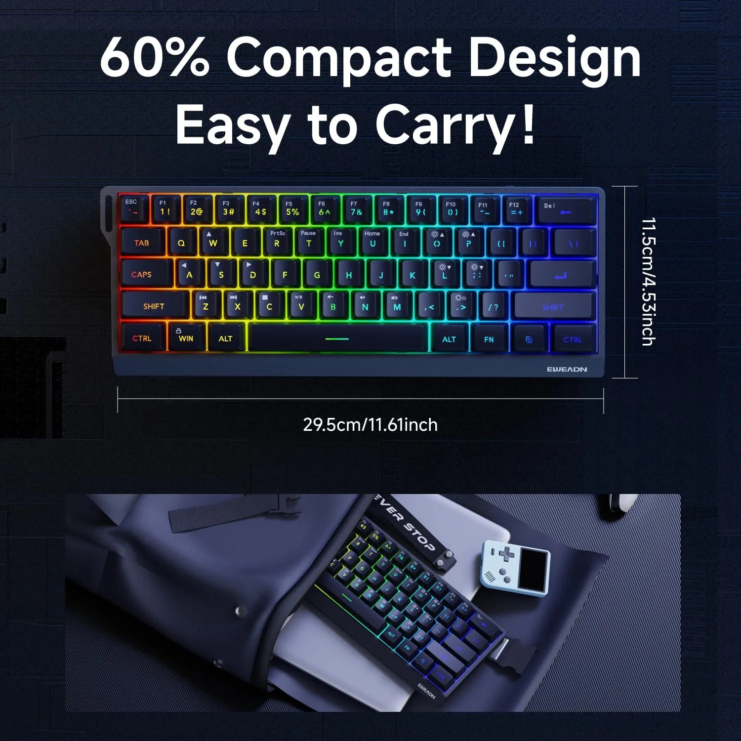 EWEADN Mini Keyboard 61-Key Layout Gaming, Wired Type-C, Silent RGB Backlit Aesthetic Design, Lightweight, White and Black