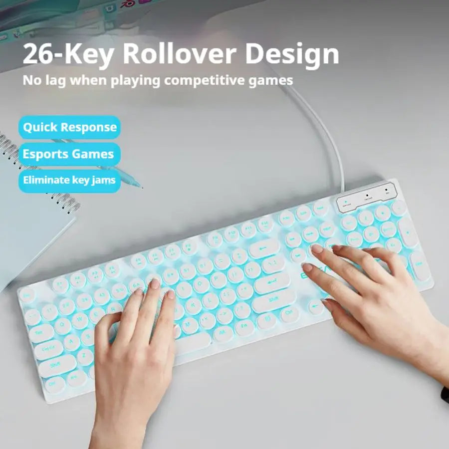 EWEADN GX330 Typewriter Gaming Keyboard,104Keys Wired Round Keycaps with Blue Backlit USB Wired Computer External Keyboards