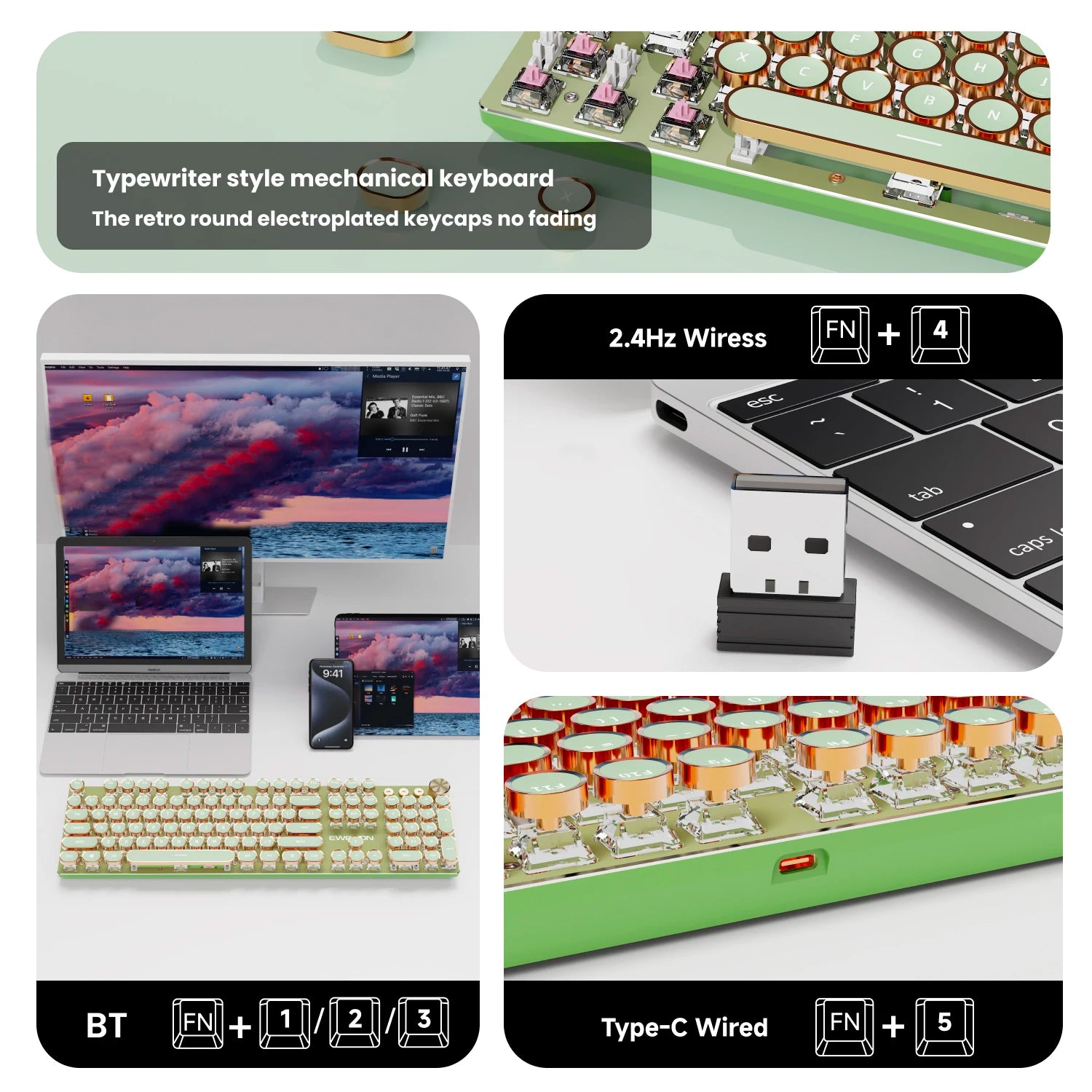 EWEADN Wireless Mechanical Keyboard,Retro Punk Typewriter,Tri-Mode,LED Backlit,Ergonomic Full-Size, for Office eSports and Game