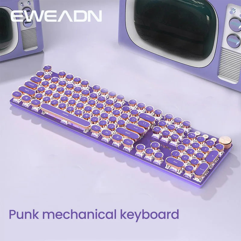 EWEADN Wireless Mechanical Keyboard,Retro Punk Typewriter,Tri-Mode,LED Backlit,Ergonomic Full-Size, for Office eSports and Game