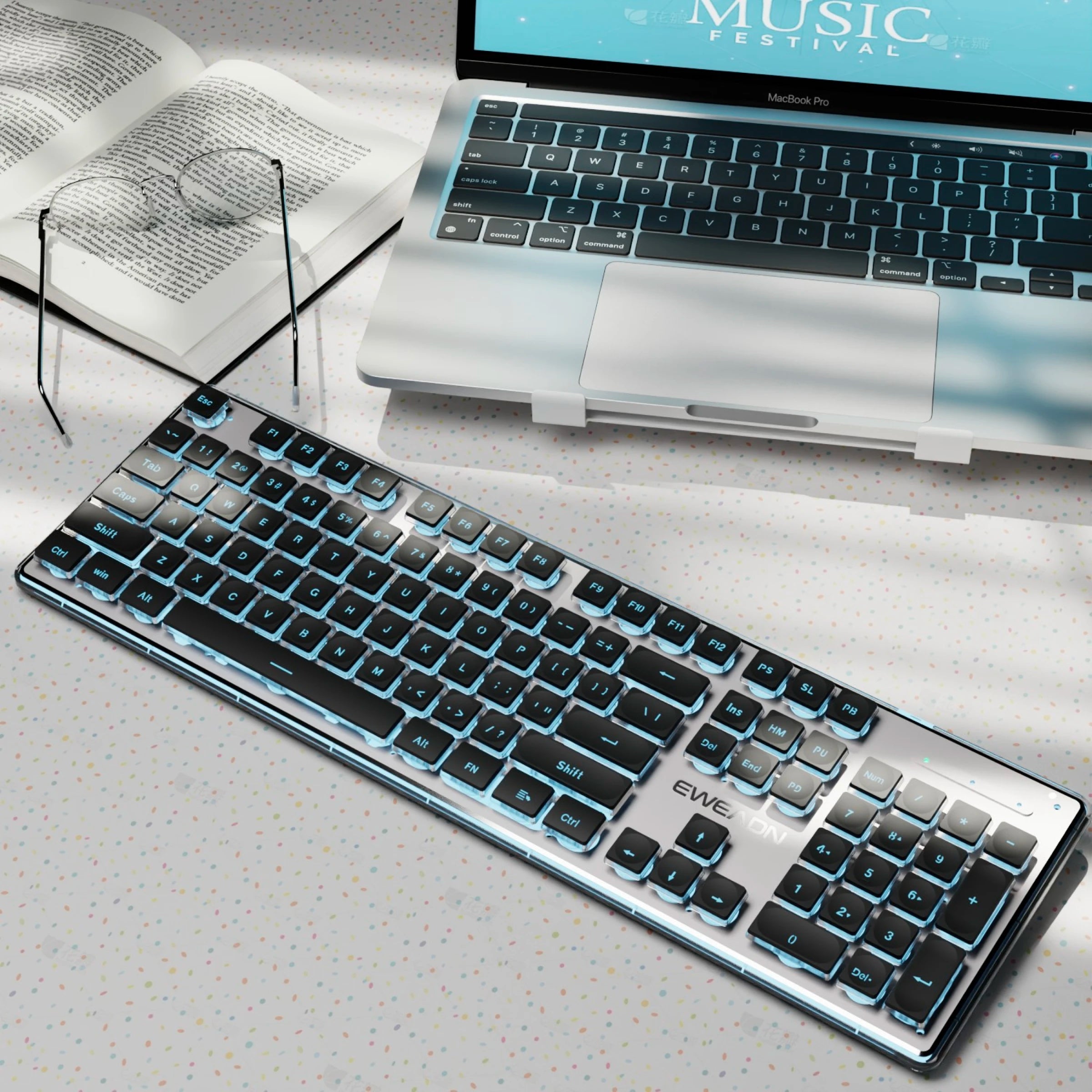 EWEADN wired Office silent Keyboard White backlit,USB full size 104-keycaps All-Metal Panel, ergonomic, gaming Windows/Laptop/PC