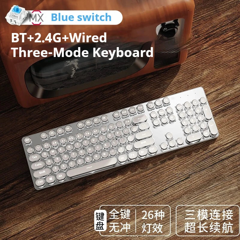 EWEADN TK950 Wireless Mechanical Keyboard, 104 Keys, White Backlit, Round Keycaps, Triple Mode BT/2.4G/Wired,  for Win/Mac