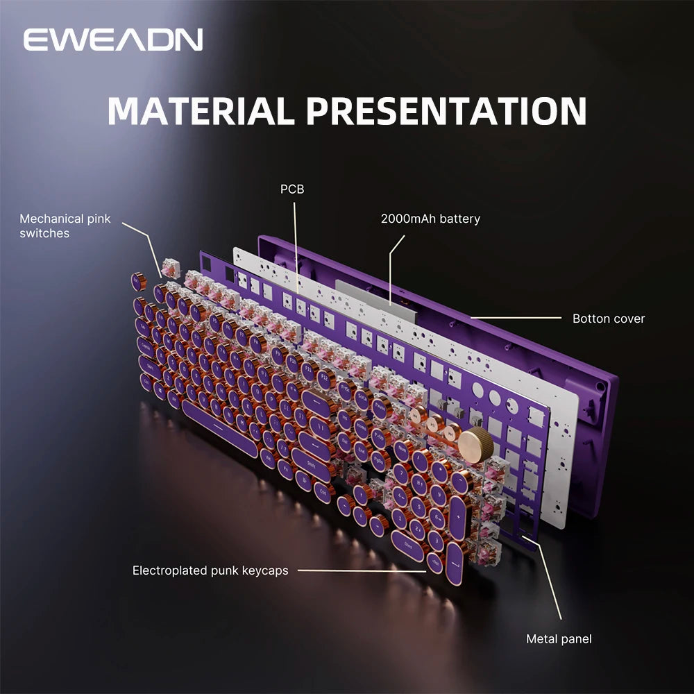 EWEADN Wireless Mechanical Keyboard,Retro Punk Typewriter,Tri-Mode,LED Backlit,Ergonomic Full-Size, for Office eSports and Game
