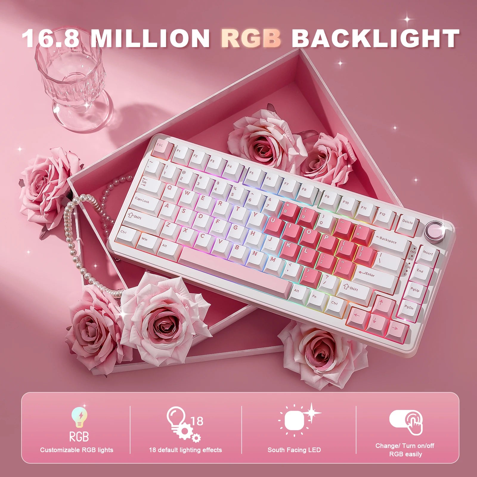YUNZII B75 PRO White Heart Mechanical Gaming Keyboard, Gasket 75 Knob RGB Keyboard, Triple Mode Hot-Swap Custom Creamy Keyboard