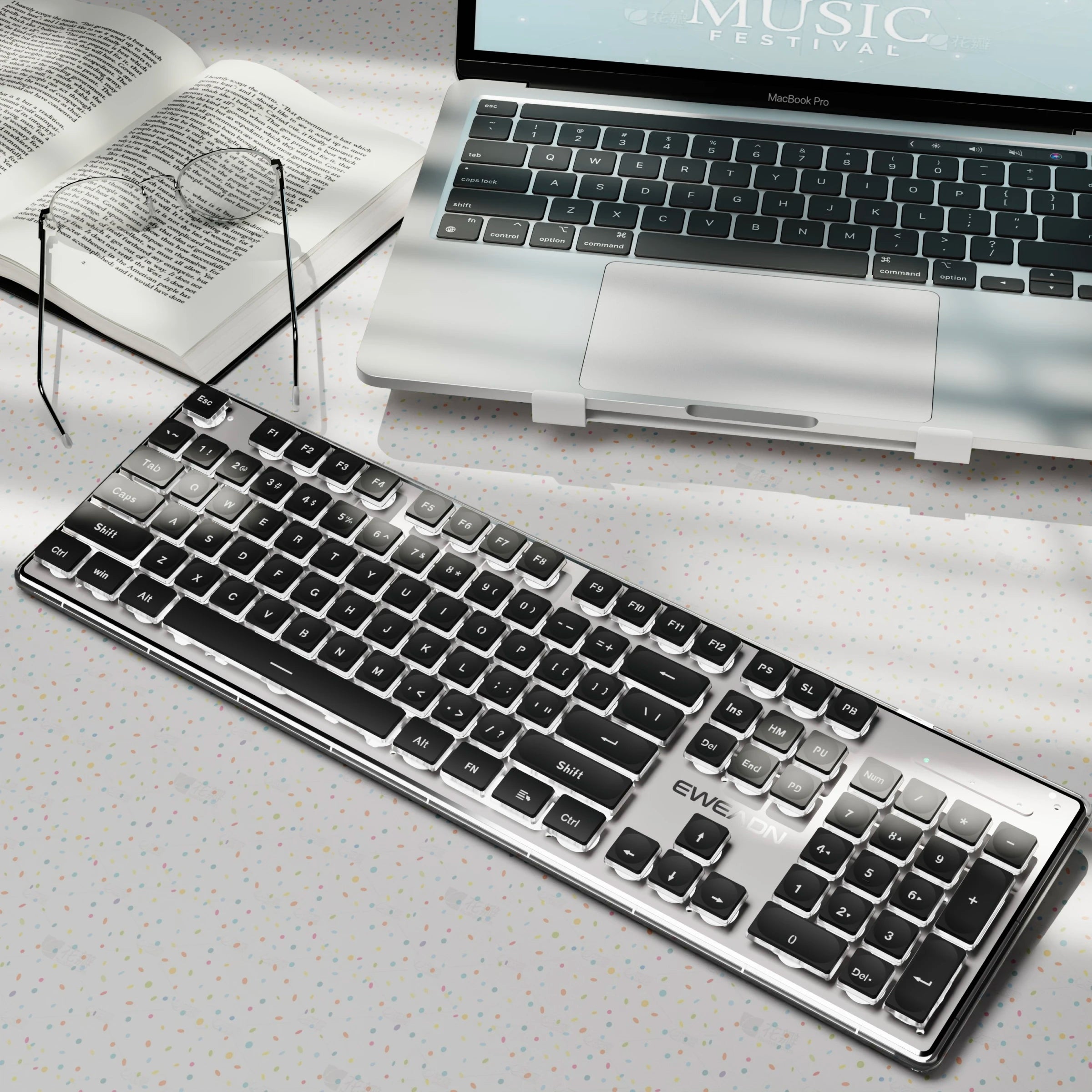 EWEADN wired Office silent Keyboard White backlit,USB full size 104-keycaps All-Metal Panel, ergonomic, gaming Windows/Laptop/PC