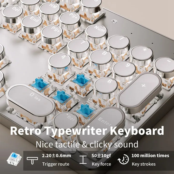 EWEADN Tri-Mode Retro Typewriter Mechanical Keyboard, 104 Keys, Metal Panel, Round Keycaps, White, Ergonomic for Office/Gaming