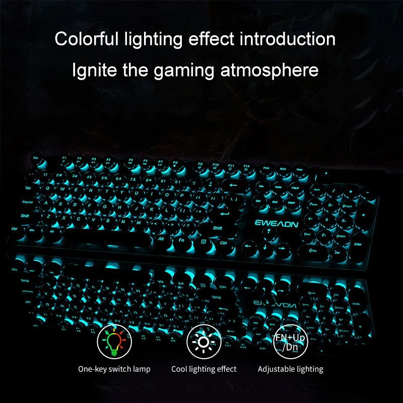 EWEADN Typewriter Gaming Keyboard, 104 Keys, Retro Punk Round Keycaps, Blue Backlight, USB Wired, for Windows PC/Laptop