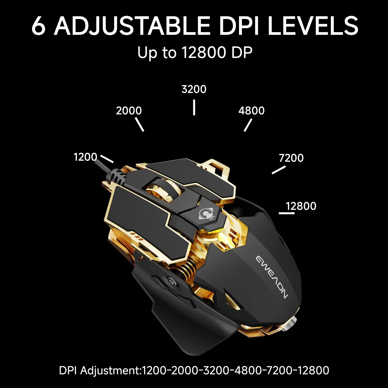 EWEADN Ergonomic USB Wired Gaming Mouse, Silent or Audible Click, 8 Buttons with Macro, Metal Mechanical Design, Adjustable Tail