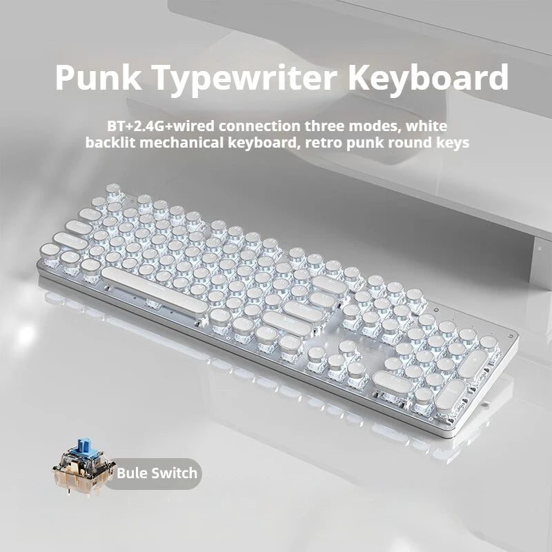 EWEADN TK950 Tri-Mode Ergonomic Gaming Keyboard, Blue Switch, Retro Typewriter Style, 104 Keys, for Windows/Mac Users