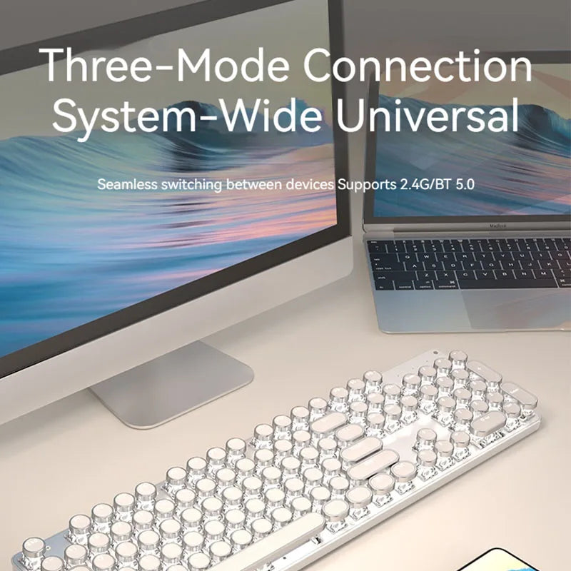 EWEADN Tri-Mode Retro Typewriter Mechanical Keyboard, 104 Keys, Metal Panel, Round Keycaps, White, Ergonomic for Office/Gaming