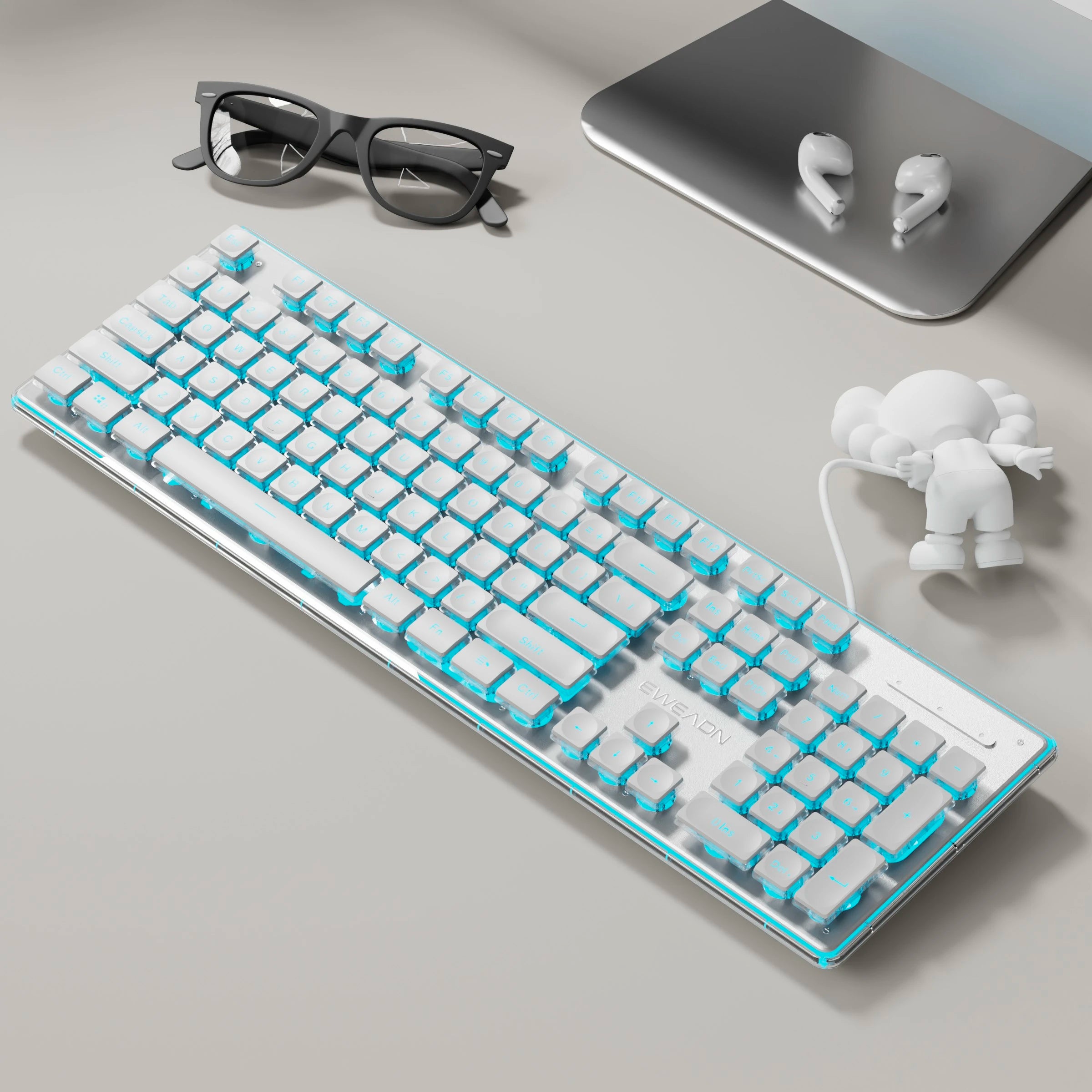 EWEADN wired Office silent Keyboard White backlit,USB full size 104-keycaps All-Metal Panel, ergonomic, gaming Windows/Laptop/PC