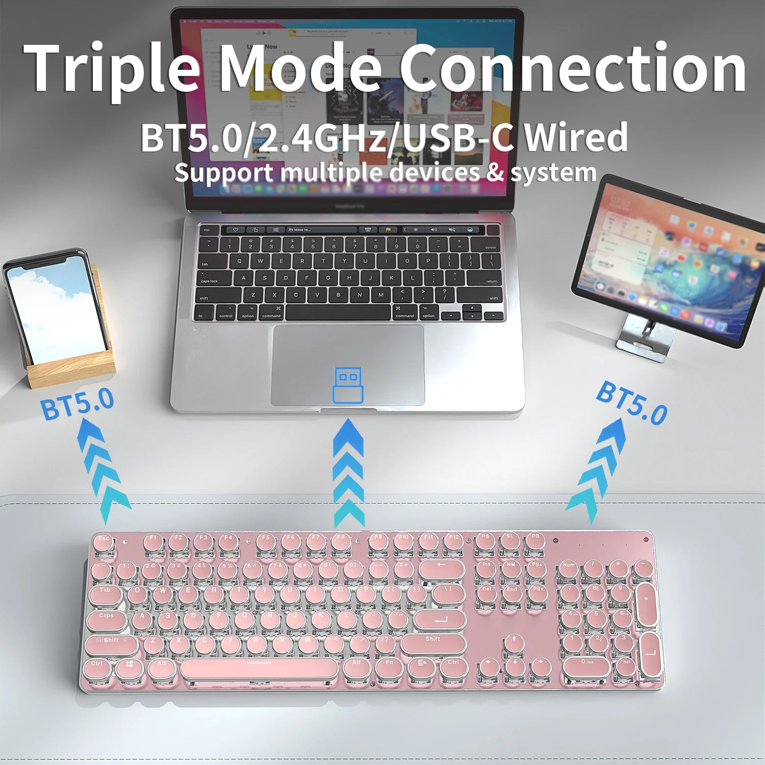 EWEADN TK950 Tri-Mode Ergonomic Gaming Keyboard, Blue Switch, Retro Typewriter Style, 104 Keys, for Windows/Mac Users