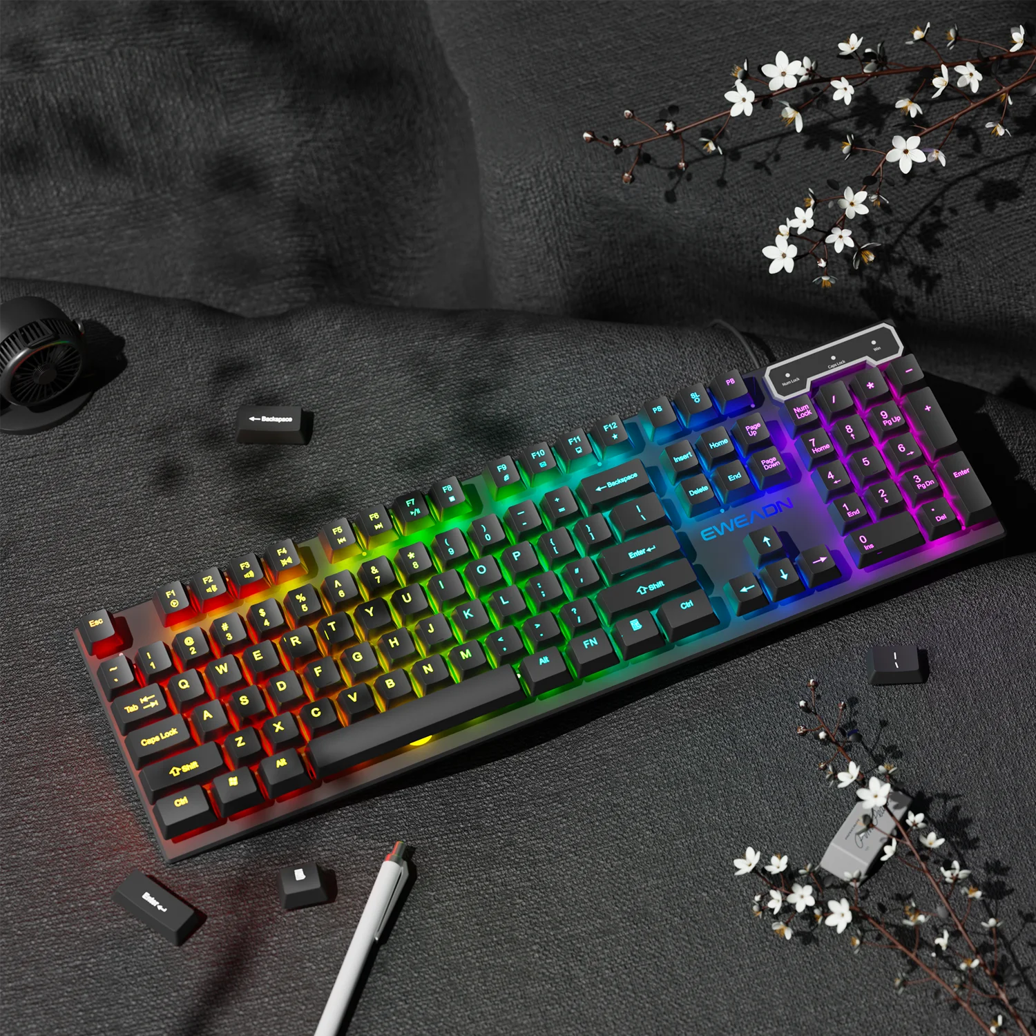 EWEADN GX30Z Wired Gaming Keyboard Silent, 104 Keys Full Size LED Rainbow Backlit, Numeric Keys, Game, Office, Windows Laptop PC