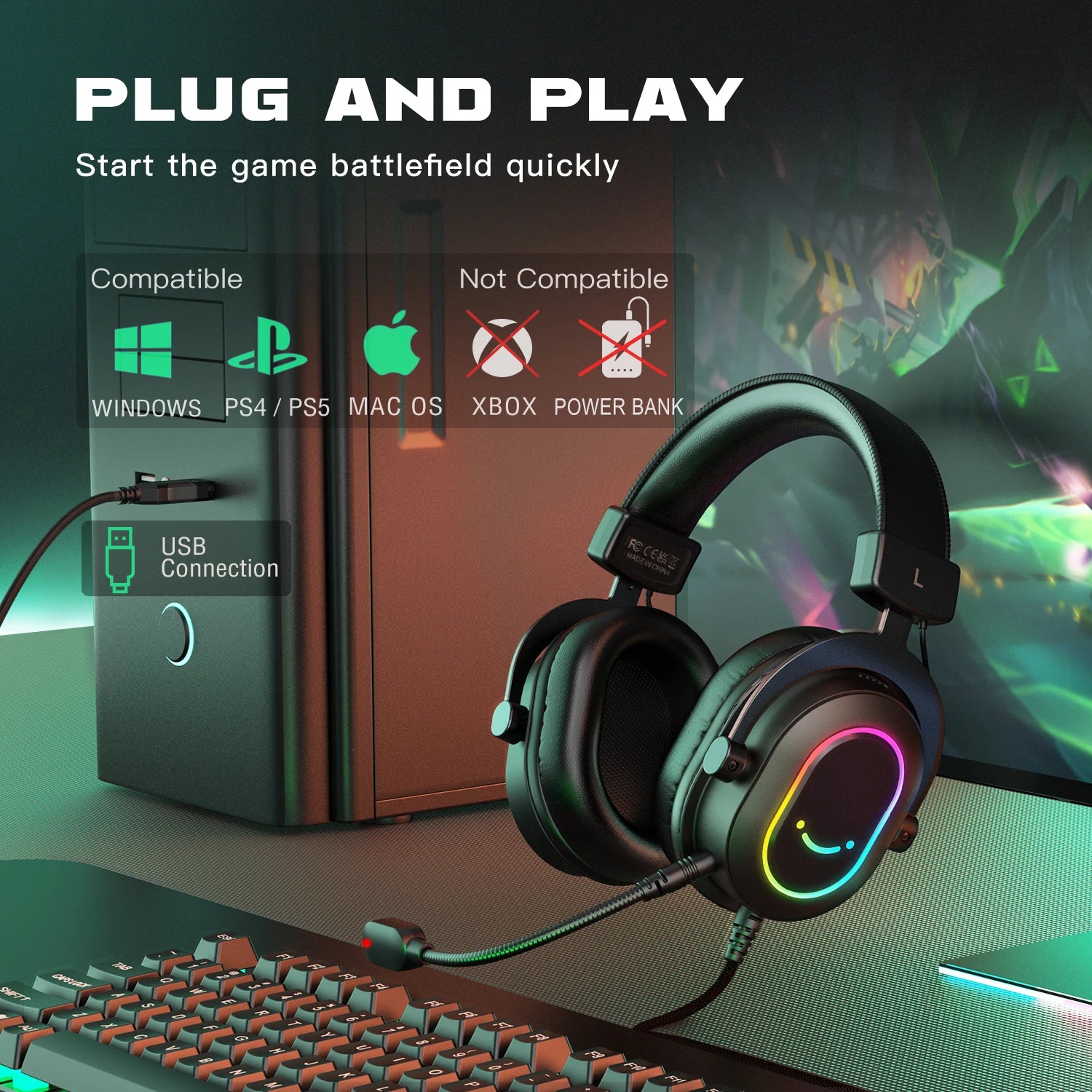 Fifine Dynamic RGB Gaming Headset with Mic Over-Ear Headphones 7.1 Surround Sound PC PS4 PS5 3 EQ Options Game Movie Music