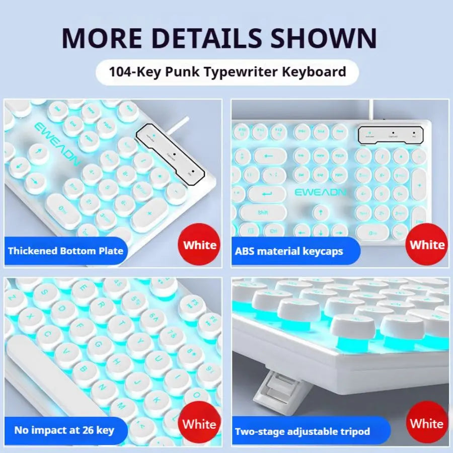 EWEADN GX330 Typewriter Gaming Keyboard,104Keys Wired Round Keycaps with Blue Backlit USB Wired Computer External Keyboards