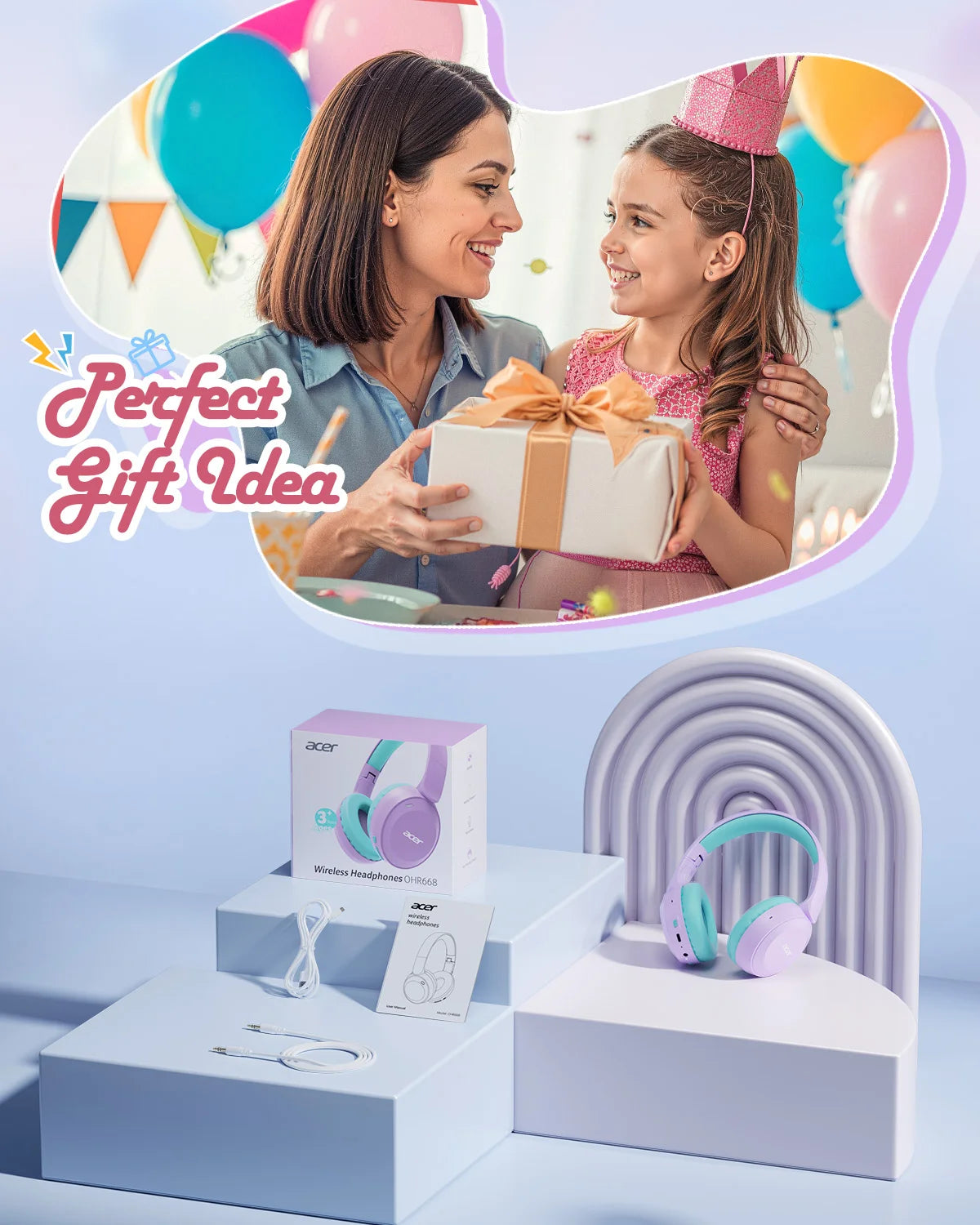 Acer Kids Bluetooth 6.0 Headphones 85/94dB Volume Limited Lightweight Over-Ear Wireless Toddler Headphones with Built-in Mic