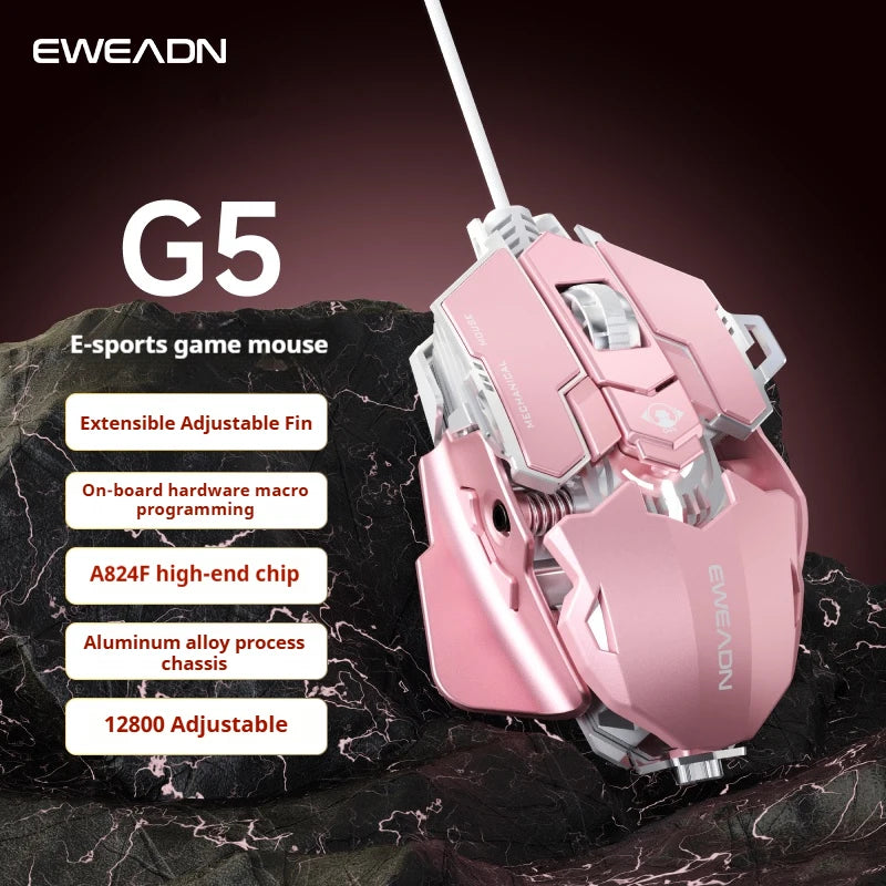 EWEADN Ergonomic USB Wired Gaming Mouse, Silent or Audible Click, 8 Buttons with Macro, Metal Mechanical Design, Adjustable Tail
