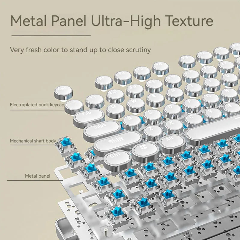 EWEADN Tri-Mode Retro Typewriter Mechanical Keyboard, 104 Keys, Metal Panel, Round Keycaps, White, Ergonomic for Office/Gaming