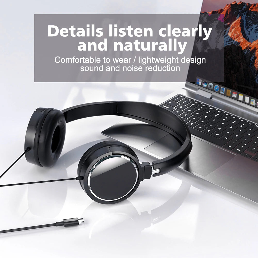 Wired 3.5mm/Type-C Headphones Noise Cancelling Business Over Ear Headset Flexible Adjustable Stereo Earphones for PC MP3 Mobile