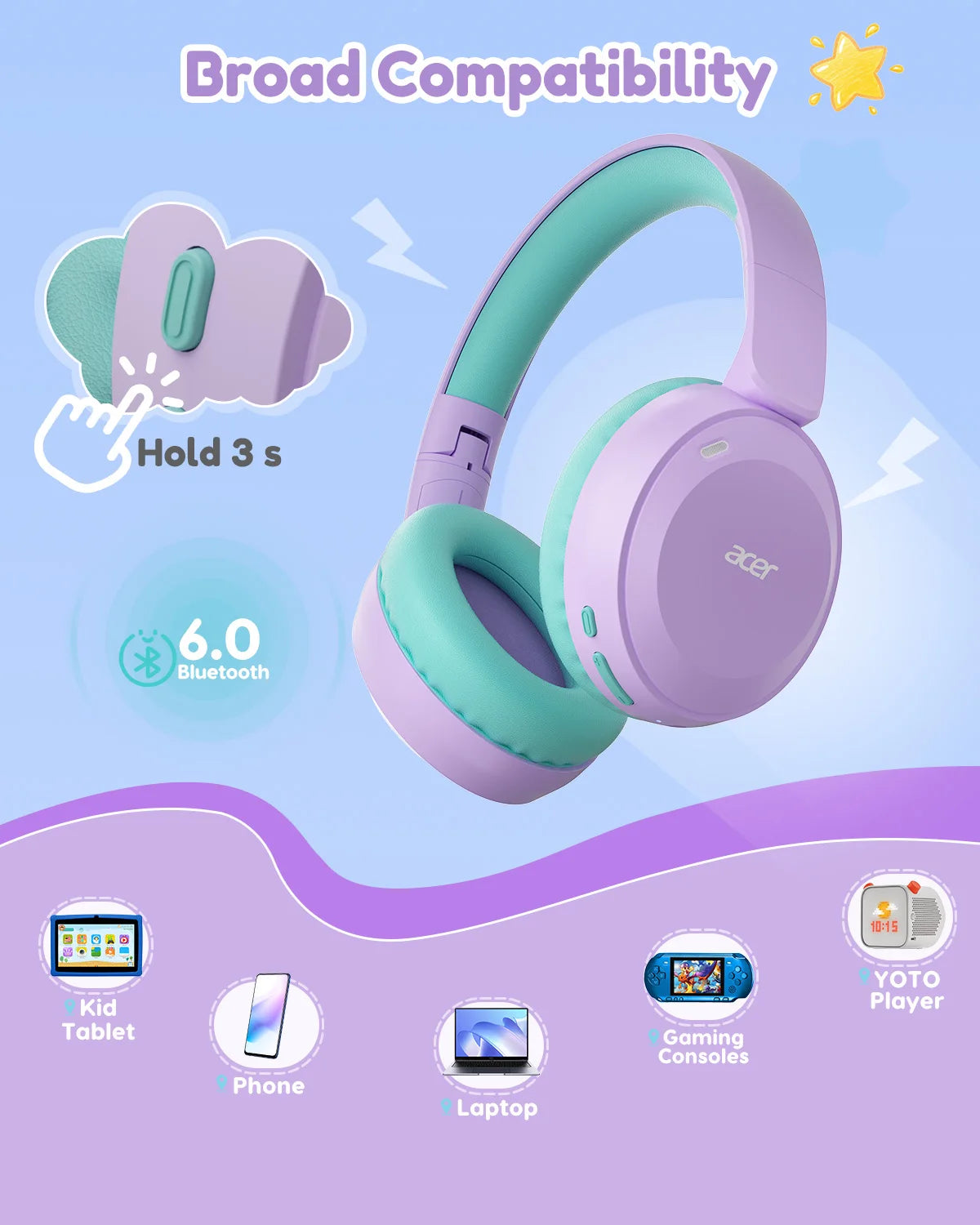 Acer Kids Bluetooth 6.0 Headphones 85/94dB Volume Limited Lightweight Over-Ear Wireless Toddler Headphones with Built-in Mic