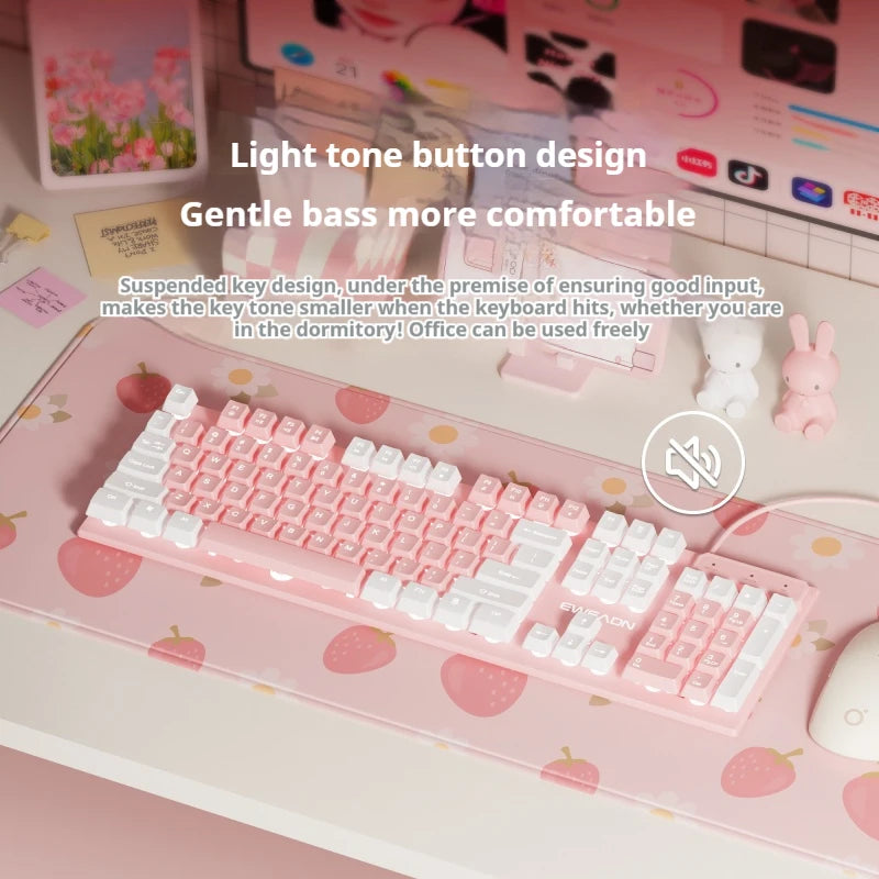 EWEADN GX320Z Pink Silent Office Keyboard, USB Wired Quiet Typing for Windows PC/Laptop,Office & Gaming, Ergonomic, Comfortable