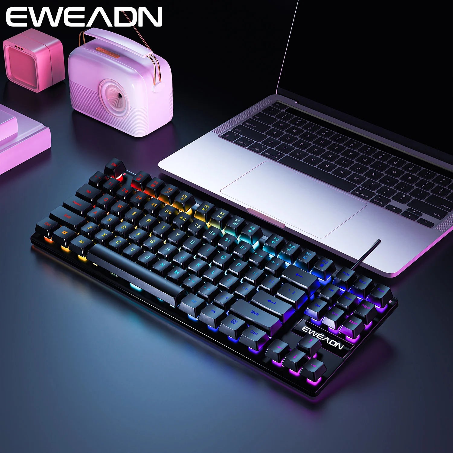 EWEADN 75% Gaming Keyboard, 87 Silent Backlit Keys, Wired Portable Design, Ergonomic and Compact for Office and Gamers