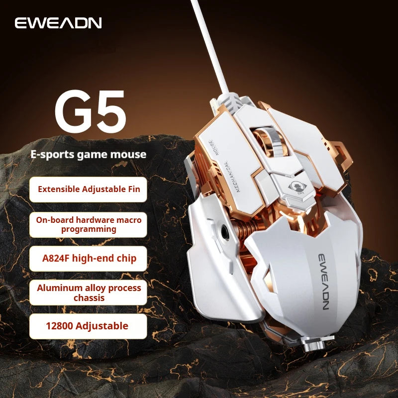 EWEADN Ergonomic USB Wired Gaming Mouse, Silent or Audible Click, 8 Buttons with Macro, Metal Mechanical Design, Adjustable Tail