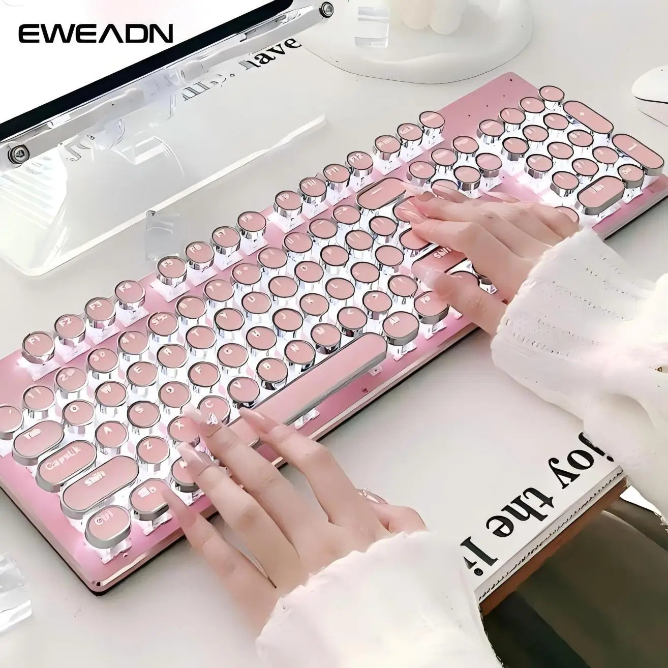 EWEADN TK950 Tri-Mode Ergonomic Gaming Keyboard, Blue Switch, Retro Typewriter Style, 104 Keys, for Windows/Mac Users