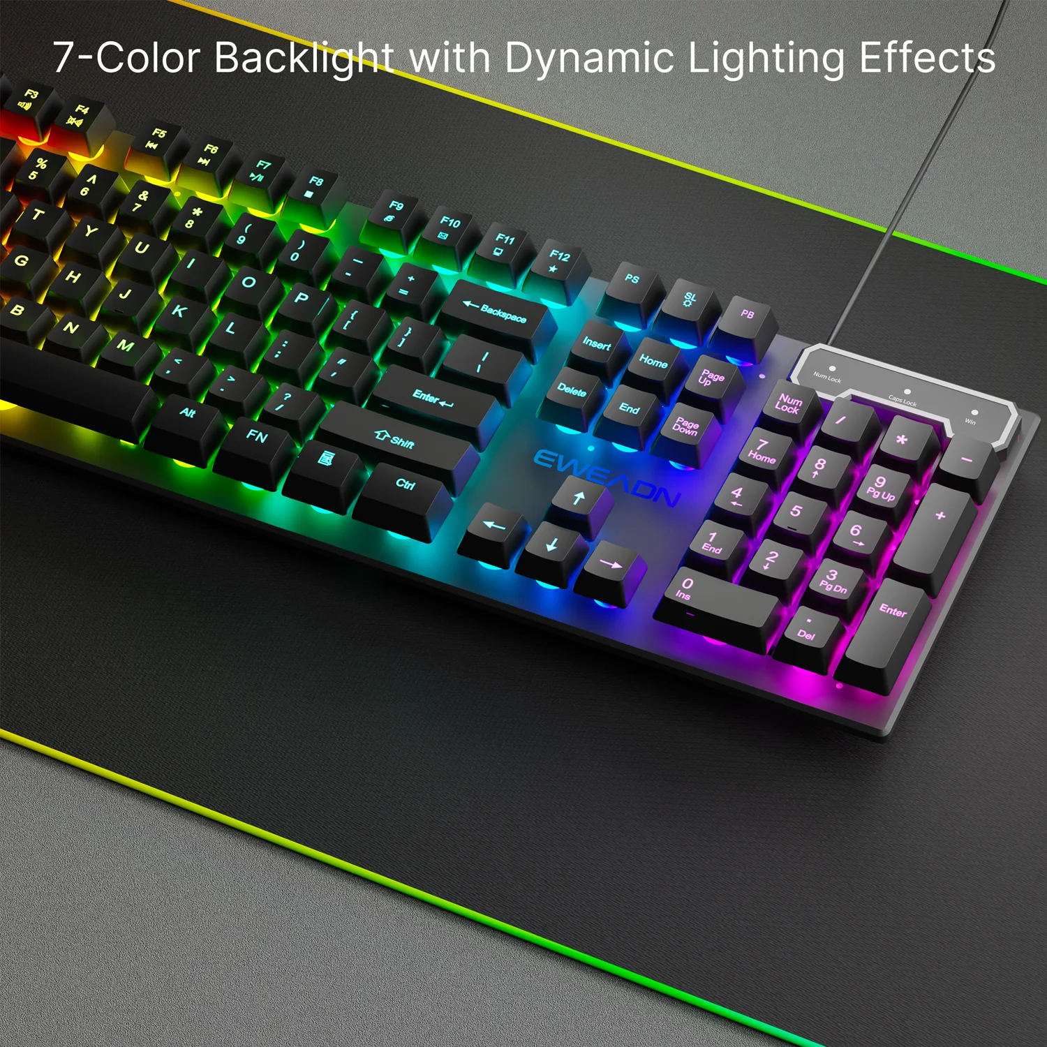EWEADN GX30Z Wired Gaming Keyboard Silent, 104 Keys Full Size LED Rainbow Backlit, Numeric Keys, Game, Office, Windows Laptop PC