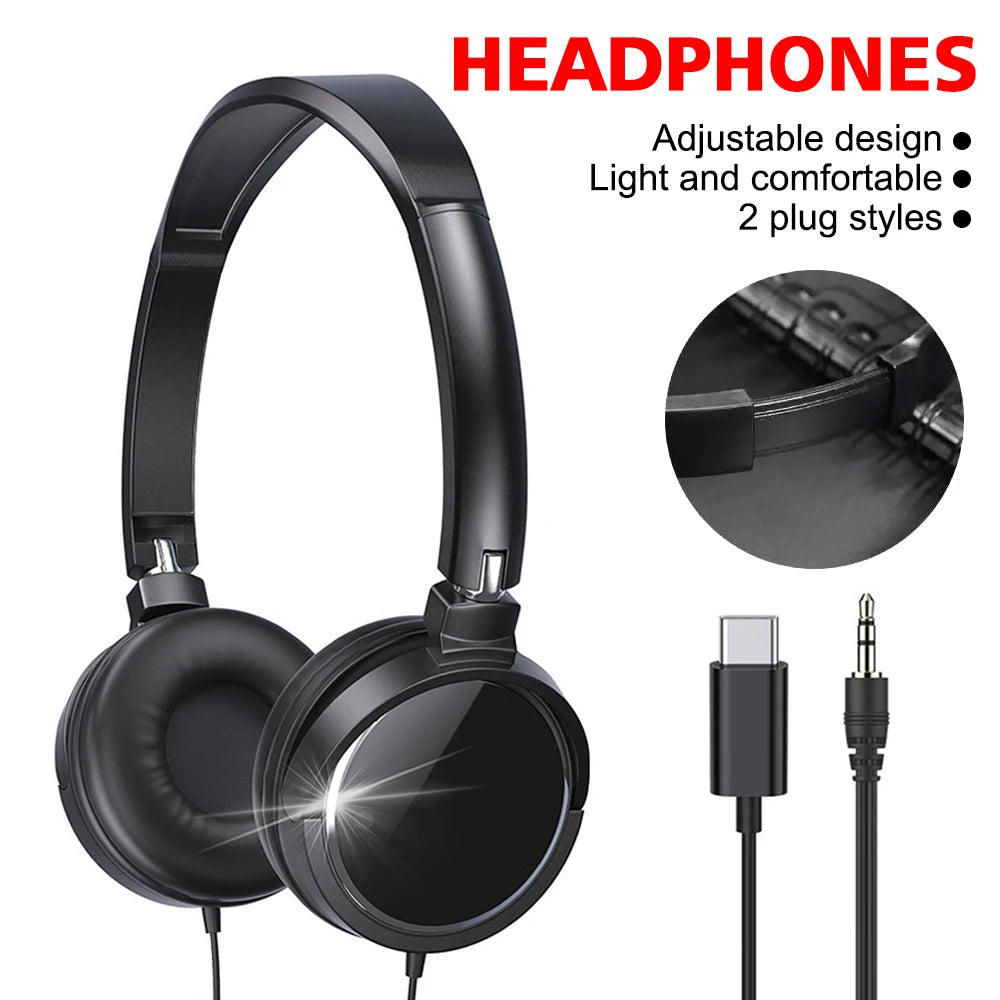 Wired 3.5mm/Type-C Headphones Noise Cancelling Business Over Ear Headset Flexible Adjustable Stereo Earphones for PC MP3 Mobile