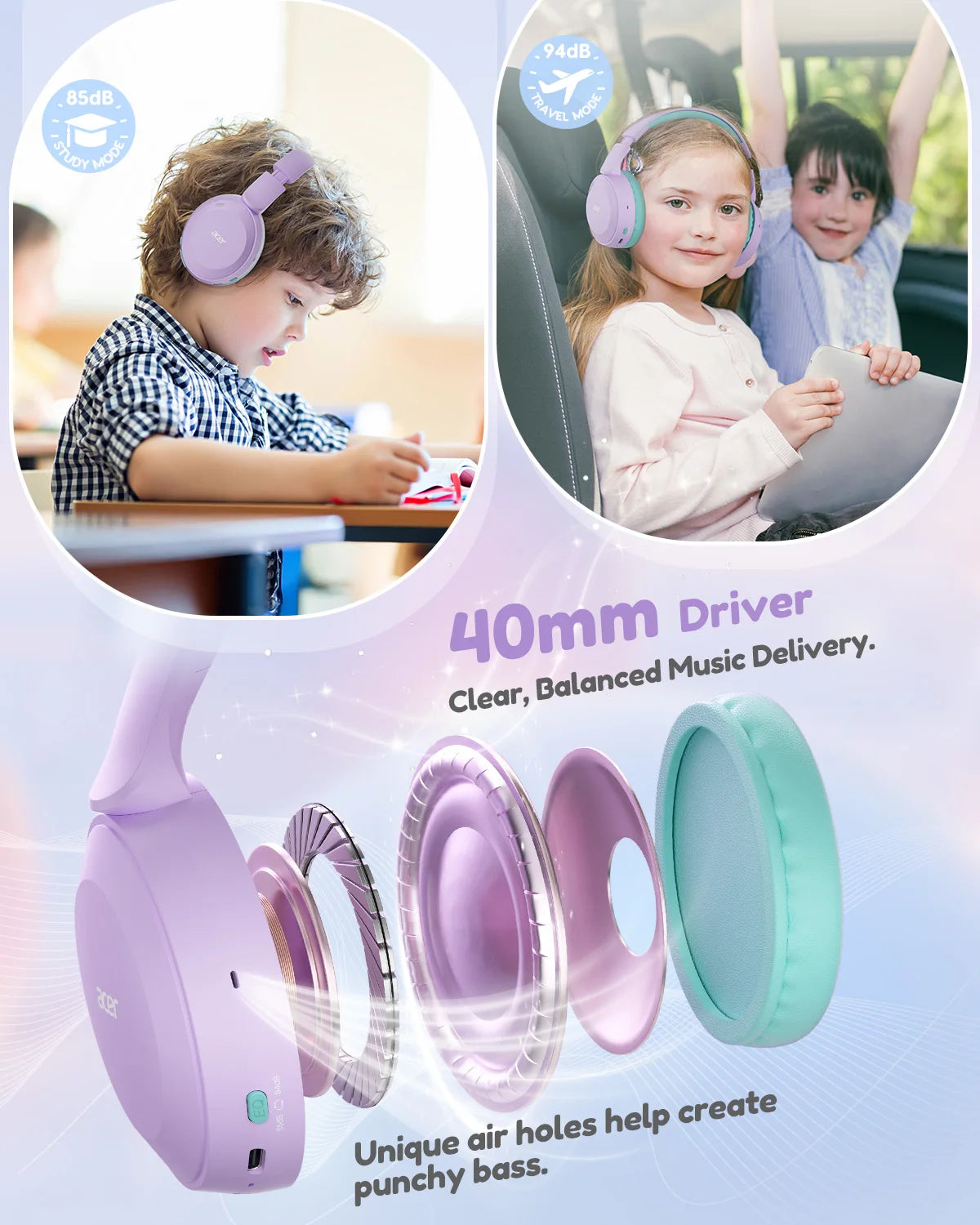 Acer Kids Bluetooth 6.0 Headphones 85/94dB Volume Limited Lightweight Over-Ear Wireless Toddler Headphones with Built-in Mic