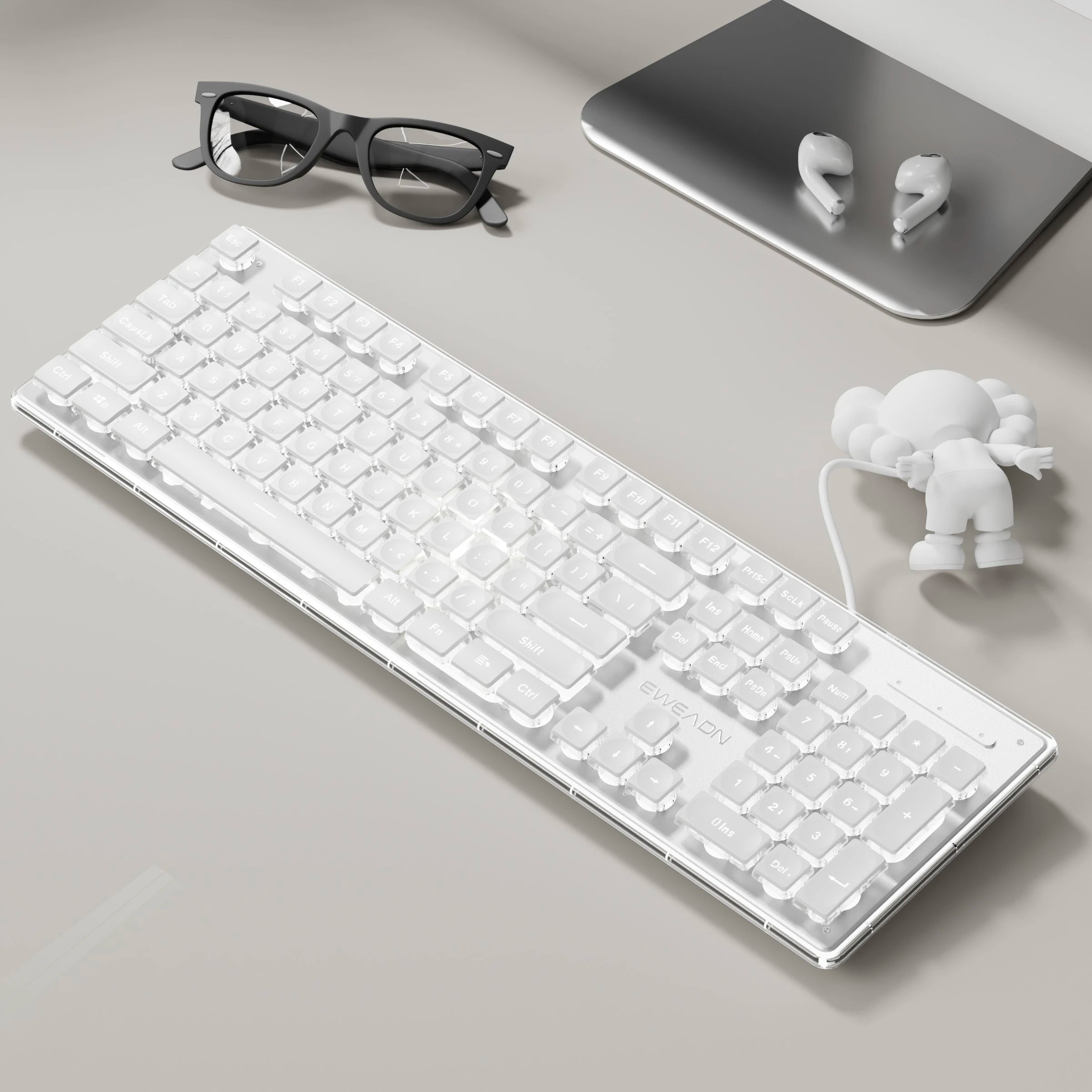 EWEADN wired Office silent Keyboard White backlit,USB full size 104-keycaps All-Metal Panel, ergonomic, gaming Windows/Laptop/PC