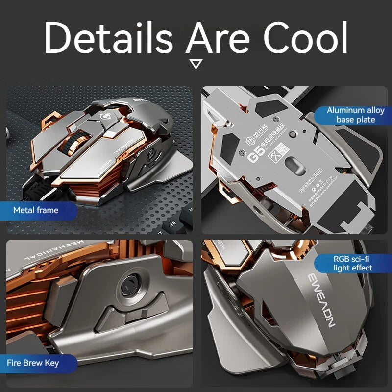 EWEADN Ergonomic USB Wired Gaming Mouse, Silent or Audible Click, 8 Buttons with Macro, Metal Mechanical Design, Adjustable Tail