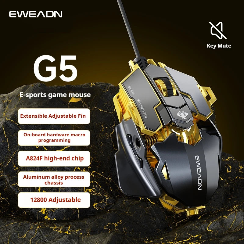 EWEADN Ergonomic USB Wired Gaming Mouse, Silent or Audible Click, 8 Buttons with Macro, Metal Mechanical Design, Adjustable Tail