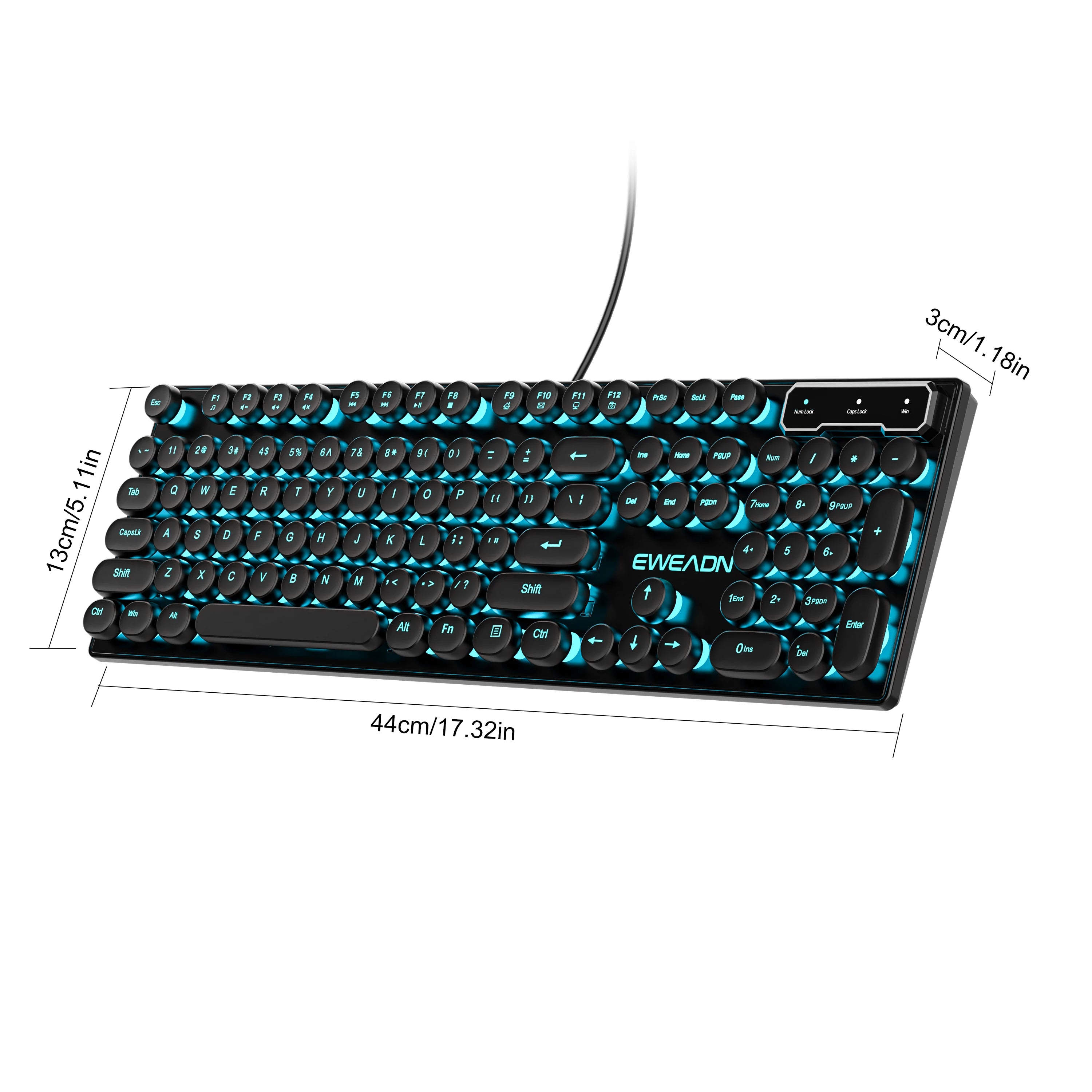 EWEADN Typewriter Gaming Keyboard, 104 Keys, Retro Punk Round Keycaps, Blue Backlight, USB Wired, for Windows PC/Laptop