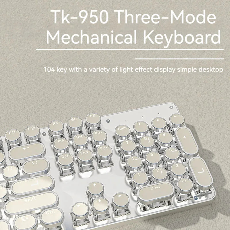 EWEADN Tri-Mode Retro Typewriter Mechanical Keyboard, 104 Keys, Metal Panel, Round Keycaps, White, Ergonomic for Office/Gaming