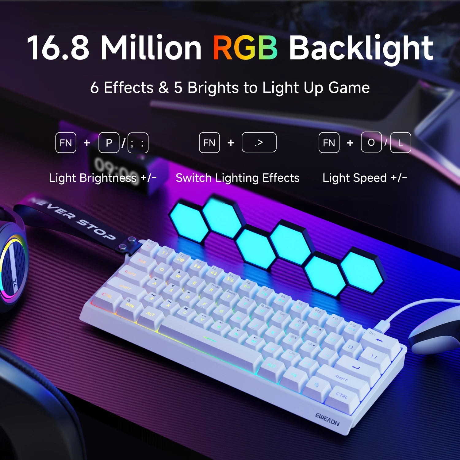 EWEADN Mini Keyboard 61-Key Layout Gaming, Wired Type-C, Silent RGB Backlit Aesthetic Design, Lightweight, White and Black
