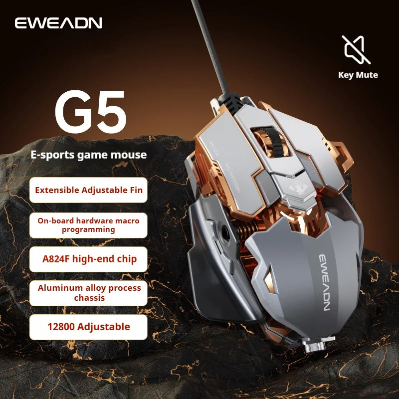 EWEADN Ergonomic USB Wired Gaming Mouse, Silent or Audible Click, 8 Buttons with Macro, Metal Mechanical Design, Adjustable Tail