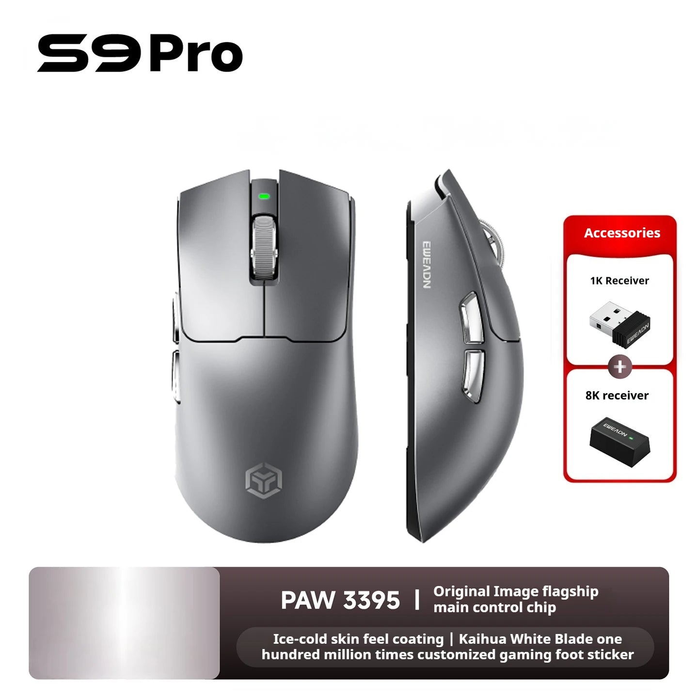 EWEADN S9 Wireless Gaming Mouse with PAW3950/3395 Sensor, Ultra-Fast Tracking, Programmable via Driver, Lightweight, Ergonomic