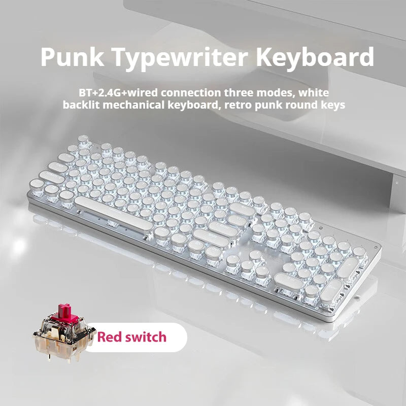 EWEADN Tri-Mode Retro Typewriter Mechanical Keyboard, 104 Keys, Metal Panel, Round Keycaps, White, Ergonomic for Office/Gaming