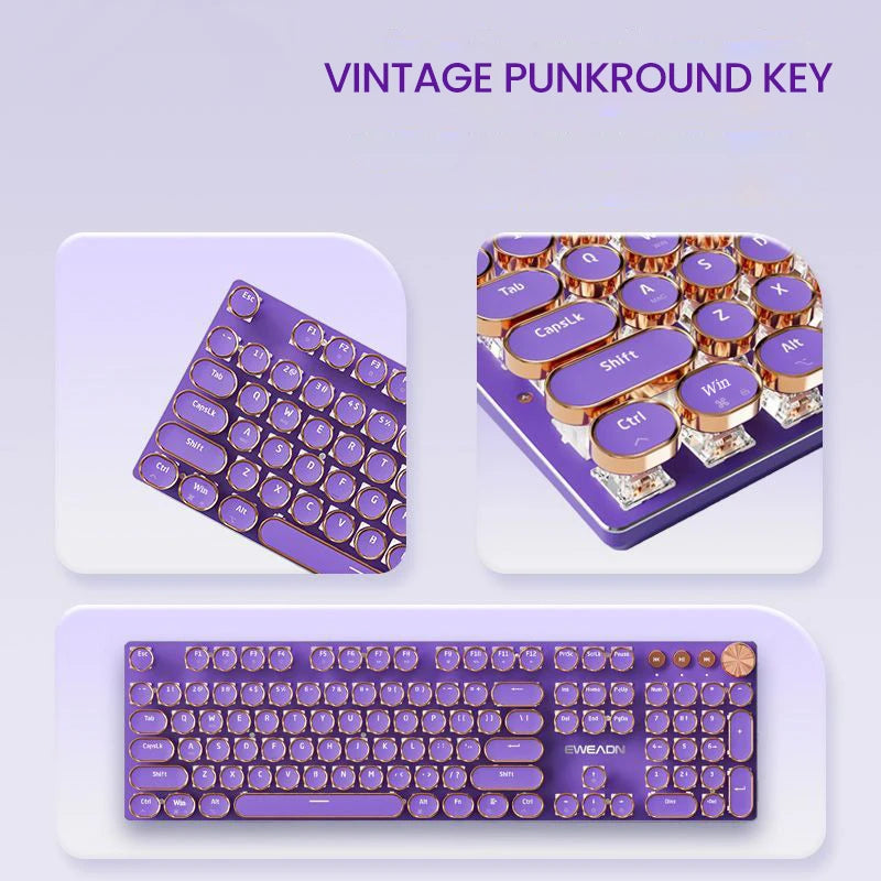 EWEADN Wireless Mechanical Keyboard,Retro Punk Typewriter,Tri-Mode,LED Backlit,Ergonomic Full-Size, for Office eSports and Game