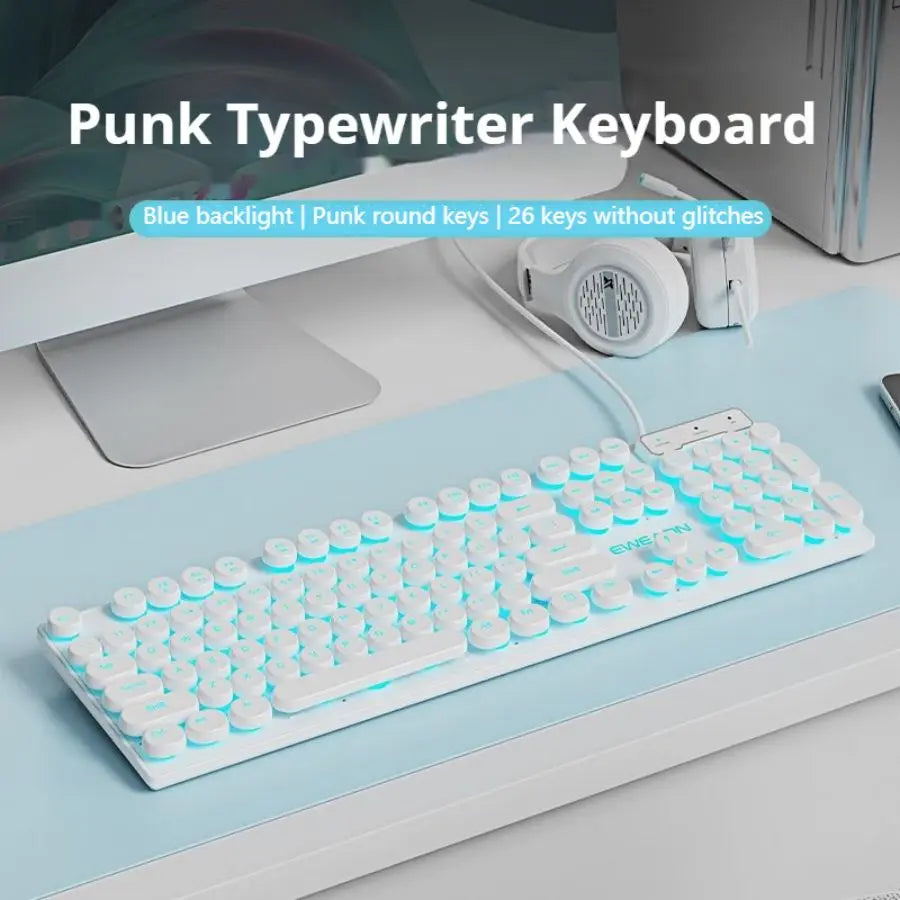 EWEADN GX330 Typewriter Gaming Keyboard,104Keys Wired Round Keycaps with Blue Backlit USB Wired Computer External Keyboards
