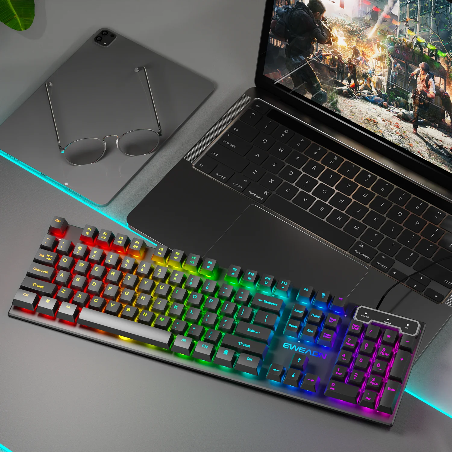 EWEADN GX30Z Wired Gaming Keyboard Silent, 104 Keys Full Size LED Rainbow Backlit, Numeric Keys, Game, Office, Windows Laptop PC