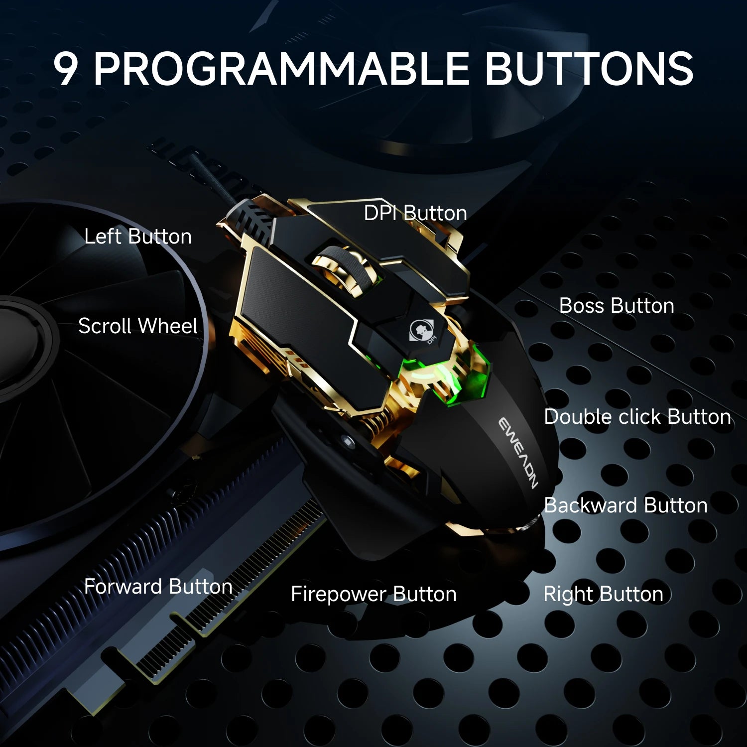 EWEADN Ergonomic USB Wired Gaming Mouse, Silent or Audible Click, 8 Buttons with Macro, Metal Mechanical Design, Adjustable Tail